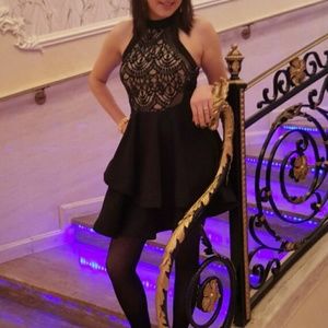 Black lace flowy asymmetrical dress